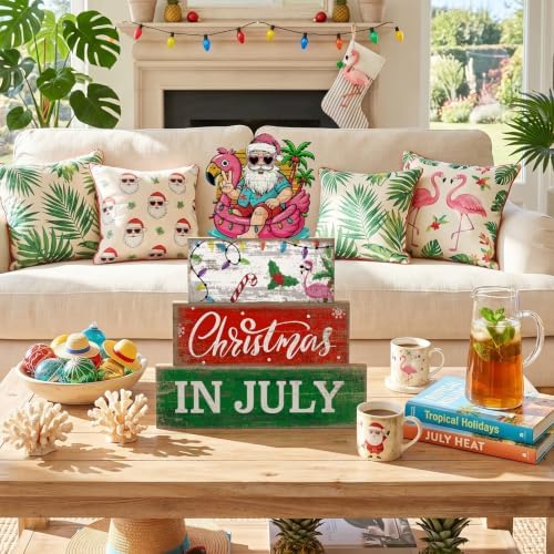 Lineshading 4 Pcs Christmas in July Table Decor Summer Santa Wooden Signs - Image 6