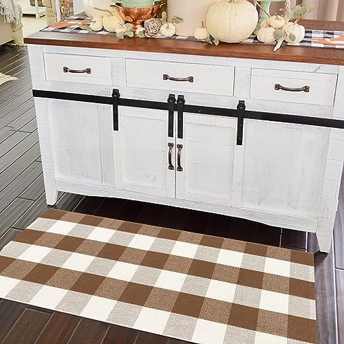 Buffalo Plaid Outdoor Rug 24"x51"Doormat Farmhouse Checkered Front Porch Rug Machine Washable Woven Cotton Layered Door Mats for Indoor Entryway Kitchen Bedroom (24"x51", Coffee and White) - Image 3