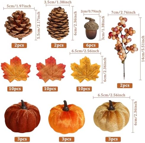Artmag 51 PCS Artificial Fabric Pumpkins, Fall Harvest Decorations with Acorns, Pinecones, Berries, Maple Leaves for Fall Thansgiving Halloween Decoration - Image 2