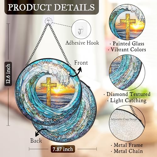 Cross Coastal Ocean Stained Glass Window Hanging Suncatcher, Christian Beach Wave Sun Catcher Indoor Window Decor Gifts, Religious Painted Glass Round Wall Hanging Decorations 7.8x7.8 in - Image 7