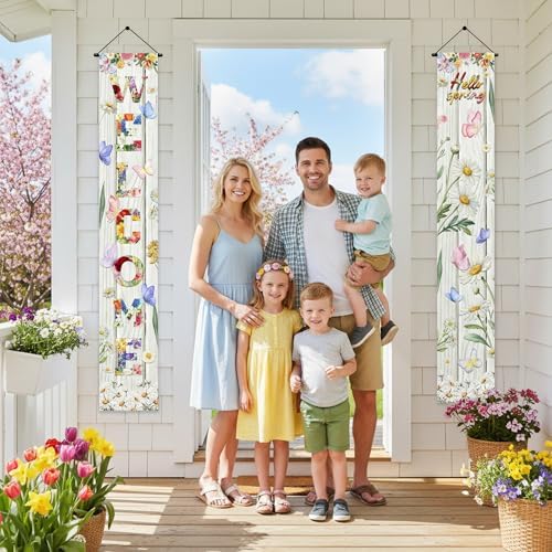 Welcome Spring Porch Decor Banner - 2 Pcs Floral Butterflies Door Sign Decorations, Flower Hanging Party Banners for Front Door Outdoor Garden Yard Wall Decoration - Image 5