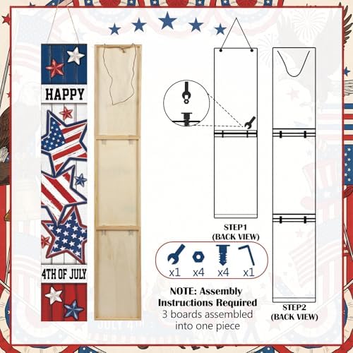 Threehoney 47" Large 4th of July Front Porch Sign Patriotic Wooden Vertical Door Sign with American Flag Colors Red White Blue Outdoor Decor for Independence Day 250th Anniversary Home Entryway - Image 4