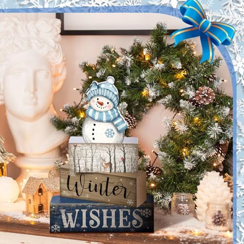 Lineshading 4 Pcs Christmas Table Decor Snowman Wooden Block Signs - Image 4