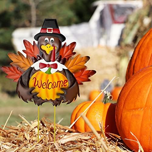Metal Turkey Fall Harvest Outdoor Yard Stakes, Thanksgiving Turkey Pumpkin Yard Welcome Sign with Stake Outdoor Decoration - Image 3
