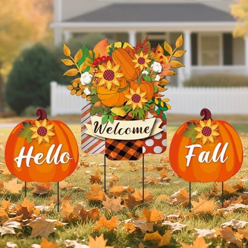 3 Pcs Metal Pumpkin Yard Stakes with Welcome Sign Hello Fall Pumpkin Yard Signs Hanging Wall Decor Farmhouse Decorative Garden Stakes for Autumn Harvest Thanksgiving Outdoor Walkway Decor by WelcometoLawnIdyll