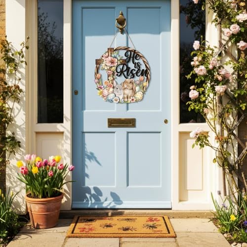 Yalikop He is Risen Easter Wreaths for Front Door Easter Bunny Decorations Wood Cross Sign Religious Ornaments Door Wall Hanging Crafts for Home Porch Window - Image 4