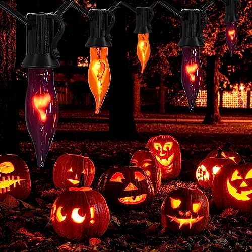 Halloween Decorations Indoor Outdoor - Flickering Flame String Lights Orange and Purple Halloween Lights, 12.8Ft C18 Retro Twinkle Flame String Lights with 12 Flame Light Bulbs (2 Spare E12 Bulbs) - Image 5