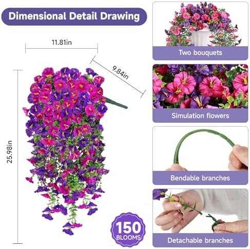 Artificial Hanging Flowers for Outdoors, 2 PCS 300 Blooms UV Resistant Morning Glory Faux Silk Vines, No-Odor Realistic Fake Plants for Garden Planter Porch Patio Decoration, Fuchsia & LightPurple - Image 3