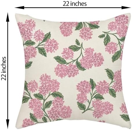 Preppy Pink Pillow Covers 22x22 Inch 2 Pcs Green Hydrangea Flower Decor Throw Pillows Vintage Floral Seasonal Spring Summer Outdoor Decoration Pillowcase Linen Cushion Cover for Couch Sofa - Image 6