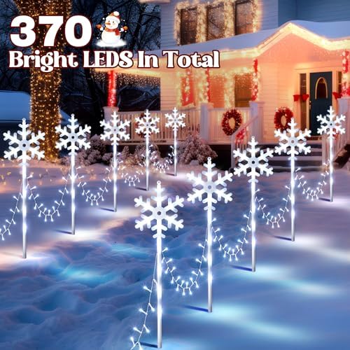 10 Pcs Christmas Snowflake Pathway Stake Lights for Outdoor Yard, 370 Bright LEDs Waterproof Large Christmas Snowflake Light Decoration for Garden Lawn Driveway Walkway Decor(Cool White) - Image 4