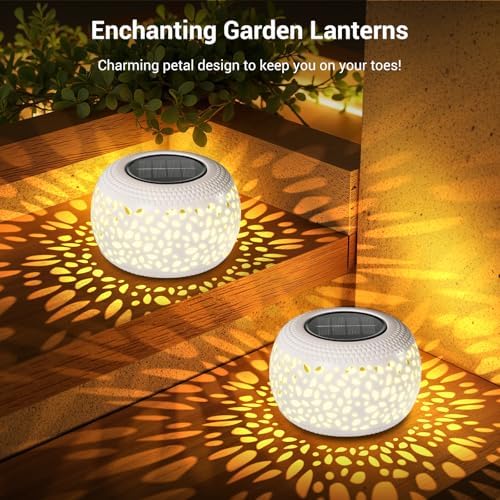 Solar Lanterns Outdoor Waterproof Lights: 2Pack White Hollow Out Metal Table Light, Outside Garden Yard Balcony Indoor Tabletop Lighting Decorations, Unique Gardening Gifts for Women Mom - Image 6