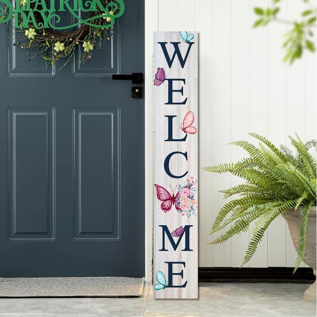 Welcome Spring & Summer Flowers & Butterflies Porch Board 8”x48” Wood Welcome Standing Sign for Front Door Porch Indoor Outdoor Farmhouse Rustic Vertical Porch and Yard Decor - Image 2