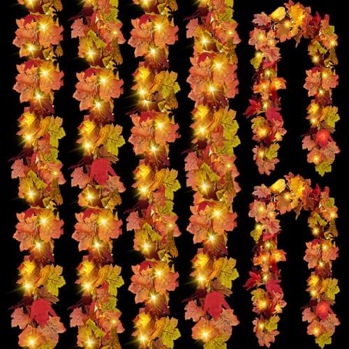 CQURE 6 Pack Fall Leaf Garland with Lights,Fall Decor Halloween Lights Artificial Maple Leaves Autumn Garland Hanging Vines Thanksgiving Decor for Home Christmas Autumn by CQURE
