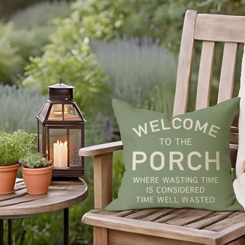 PANDICORN Throw Pillow Covers 18x18 Inch Welcome to the Porch, Sage Green - Image 3