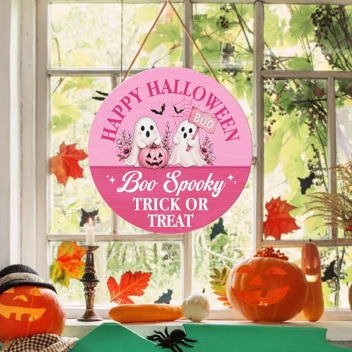 Pink Halloween Decor Pink Ghost Happy Halloween Trick or Treat Door Sign - Image 5