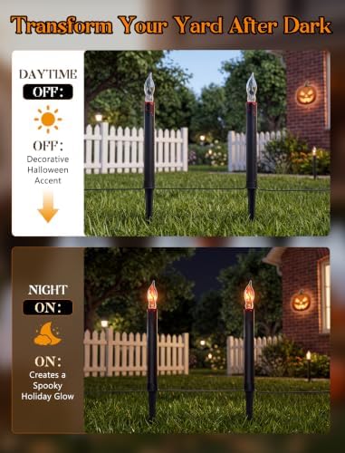 Halloween Pathway Lights Outdoor, 19.5Ft Halloween Pathway Marker String Lights with 10 C18 Flicker Flame Black Candles Stakes Lights Plug in Walkway Light for Lawn Garden Sidewalk Driveway - Image 3