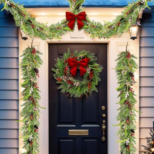 6 Ft Christmas Artificial Pine Vine Garland Green Norfolk Swags Garland Snowy Red Berries Pinecones Pine Needles Garlands for Christmas Holiday Xmas Winter Mantle Party Table Centerpiece Decorations - Image 5