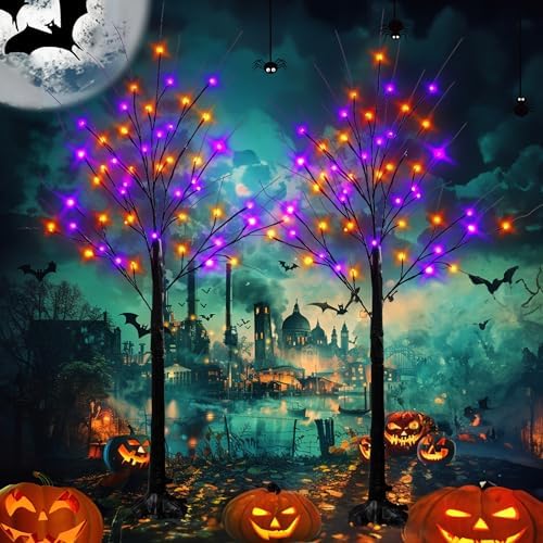 Dazzle Bright 2 Pack 4FT Halloween Lighted Up Birch Tree, Total 96 LED Purple and Orange Fairy Lights with Timer, Waterproof for Indoor Outdoor Home Party Halloween Decoration by DazzleBright