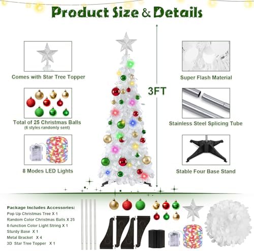 N&T NIETING Pop Up Christmas Tree with Lights & Ornaments, 3FT, White - Image 3