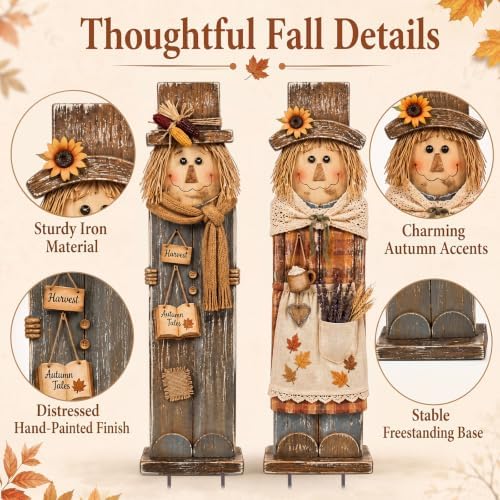 Moxweyeni 2 Pcs Fall Outdoor Decorations Large Metal Scarecrow Yard Signs - Image 4