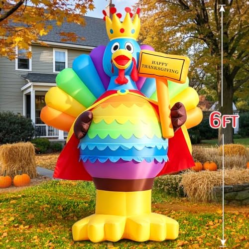 Domkom 6FT Thanksgiving Inflatable Turkey King Happy Thanksgiving Sign Yard - Image 5