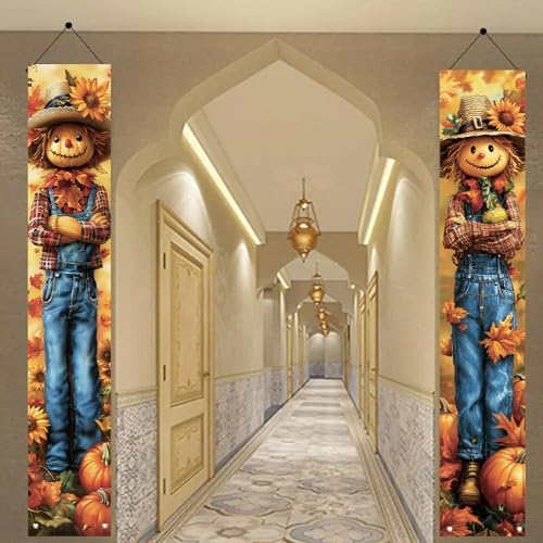 2PCS Fall Porch Sign Scarecrow Porch Banner Autumn Harvest Door Decoration Thanksgiving Front Door Decor Rustic Farmhouse Vertical Outdoor Hanging Banner for Porch Entryway 71 x 12 Inch - Image 7