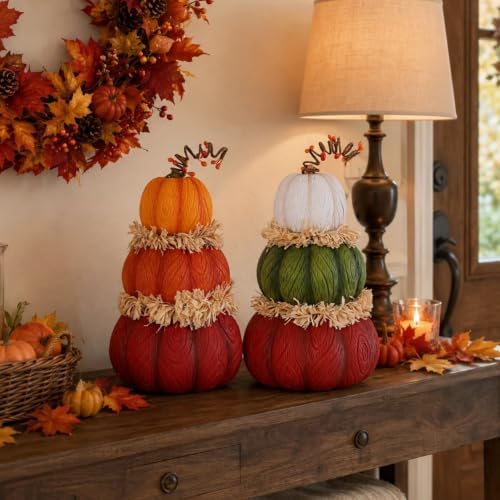 MEETYAMOR Fall Pumpkin Decor, 2 PCS 7.5in Resin Pumpkin Figurines for Fall Decor, Stacked Knit Textured Pumpkins Fall Decorations for Home, Shelf, Table Centerpieces, Autumn, Thanksgiving Decor - Image 5