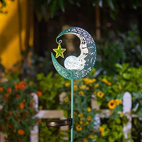 Hapjoy Outdoor Solar Lights Garden Decor for Patio,Lawn or Pathway Moon Decorations Crackle Glass Globe Stake Metal Lights Waterproof Warm LED Garden Gifts (Blue) - Image 2