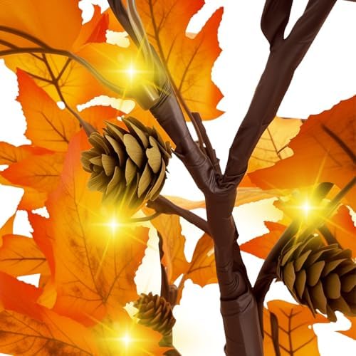 Fall Decor 2FT Lighted Maple Tree - 24 Inch Tabletop Fall Tree with 36 LED Lights, 72 Maple Leaves, 6 Pines, Timer, Battery or USB Operated Artificial Tree Fall Decorations for Home - Image 2