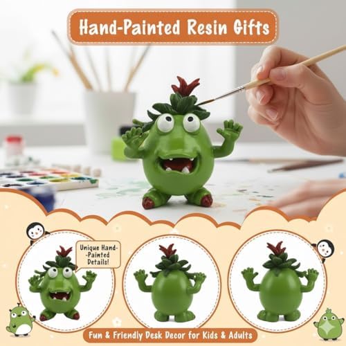 GoGnome Cute Green Monster Resin Figurine Indoor Outdoor Garden Statue Whimsical Funny Desk Decor - Little Alien Creature with Red Flower/Sprout, Unique (Green) - Image 2