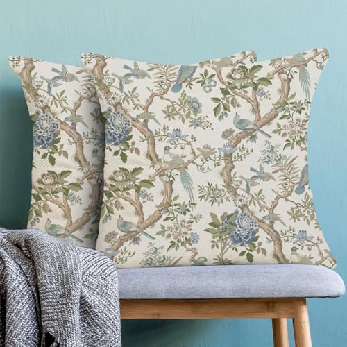 CXMEIFLY Chinoiserie Spring Pillow Covers 24 x 24 Inch Set of 2 for Blue Sage Green Vintage Flowers Bird Decor Throw Pillows Plant Farmhouse Outdoor Decorative Cushion Cases for Couch Bed Decorations - Image 2