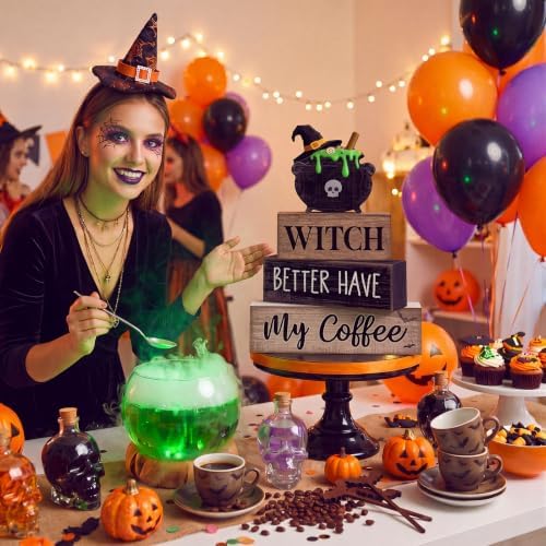 Lineshading 4 Pcs Halloween Coffee Table Decor Witch Cauldron Wooden Signs - Image 4
