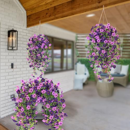 Artificial Fake Hanging Flowers Plants for Outdoor Outside Spring Summer Decoration 2PCS Faux Silk UV Resistant Realistic Mums Daisy with Eucalyptus for Home Porch Patio Balcony(Purple & Magenta) - Image 6