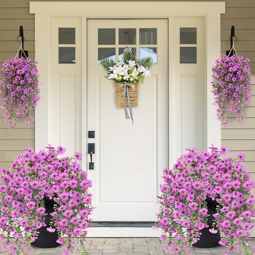 Sggvecsy Artificial Fake Hanging Flowers Plants for Outdoor Outside Spring Summer Decoration 2PCS Faux Silk UV Resistant Realistic Mums Daisy with Eucalyptus for Home Porch Patio Balcony(Magenta) - Image 2