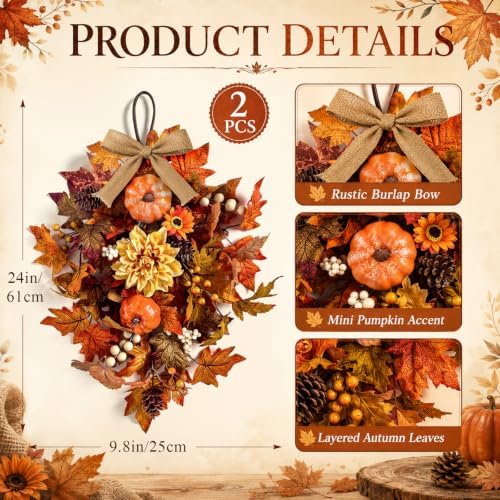 2 PCS 24'' Fall Teardrop Swags for Door Autumn Floral Pumpkins Swag Wreaths - Image 3