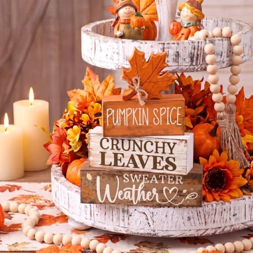 Moucuny 4 Pcs Fall Wooden Tiered Tray Decor Rustic Farmhouse Signs - Image 2