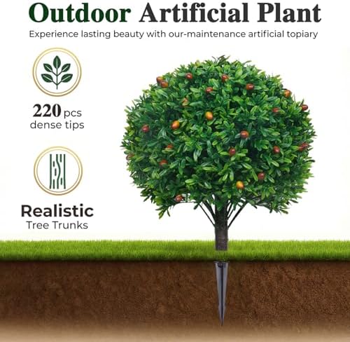 PATIO CHOICE Topiary Trees Artificial Outdoor Boxwood Ball Trees with Ground Spike Set of 2 22" Fake Outdoor Plants Faux Bushes and Shrubs Decorations for Outdoor Indoor Front Porch Garden - Image 2