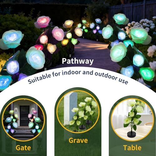 Solar Garden Lights Outdoor - Solar Flowers Lights Outdoor Decorative Waterproof, 40 Hour Coloring Changing White Rose Yard Pathway Light Solar Powered, Cemetery Decoration, Backyard Decor, 4pcs - Image 4