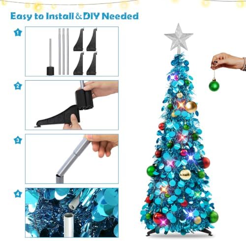 N&T NIETING Pop Up Christmas Tree with Lights & Ornaments, Blue, 3FT - Image 4