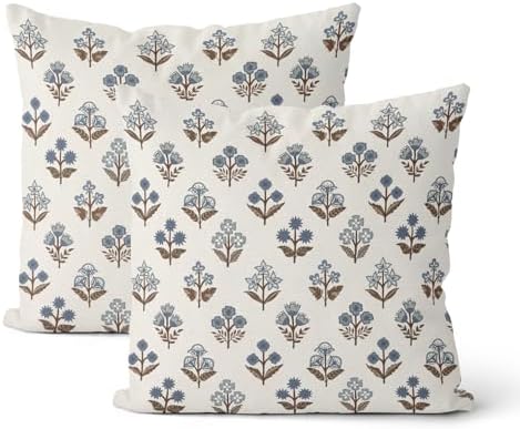 Blue Brown Pillow Covers 18x18 Inch 2 Pcs Block Print Vintage Floral Decor Throw Pillows Boho Flower Spring Summer Outdoor Seasonal Decoration Pillowcase Linen Cushion Cover for Couch Sofa by DAFENA