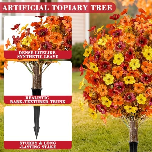 2PCS Fall Artificial Topiary Ball Flowers Mums Plants Tree UV Resistant 25" - Image 4