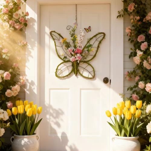 idyllic Butterfly Shaped Wreath with Pastel Berries and Floral Spring Artificial Wreaths for Front Door Decor（Pink） - Image 6