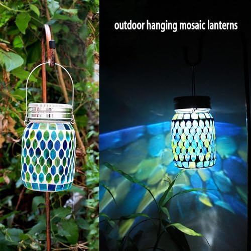Solar Mosaic 2pack Outdoor Waterproof Cool Blue Mosaic jar Decor Christmas Gifts for Women Mom Grandma Halloween Hanging Solar Lights Decoration Outside for Yard, Patio,Backyard,Porch (Contemporary) - Image 5