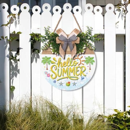 Hello Summer Door Sign Hanger Beach Theme Front Door Wreaths for Office Coastal Summer Wooden Hanging Signs Porch Wall Decorations for Outdoor Garden - Image 2