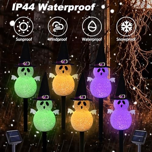 BRIGHTDECK Halloween Solar Pathway Lights Outdoor, LED Decor, Light Up Solar Stake Lights for Holiday, Halloween, Walkway, Sidewalk (Multicolor Hat Ghost, 6-Pack) - Image 2
