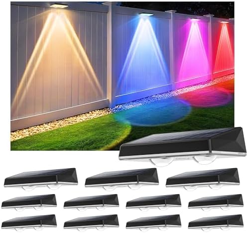 Solar Fence Lights Outdoor, 12-Pack 120LM Fence Lights Solar Powered, IP67 Waterproof Dusk to Dawn Auto On/Off 12+ Hours for Outside/Backyard/Wall/Step/Patio/Deck/Pool (Warm White & RGB 7 Colors) by SunFlickt