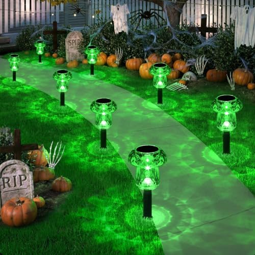 Solar Halloween Lights Outdoor 8 Pack Green Garden Mushroom Decor by Gorrzai