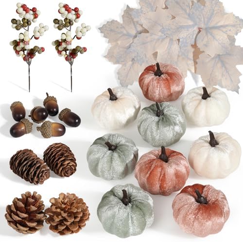Artmag 25 PCS Pumpkin Decor Set, Artificial Fabric Pumpkins Decor with Acorns, Pinecones, Berries, Maple Leaves for Fall Halloween Thanksgiving Decorations Home Table by Artmag