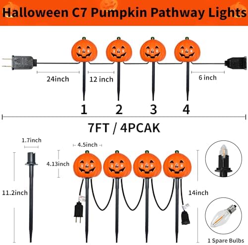 PASUTO 7Ft Halloween Pathway Lights Outdoor Pumpkin Stake Light with 4 Jack-O Lantern Pumpkin Lights and 4 Stakes, for Halloween Outdoor Walkway Pathway Driveway Garden Yard Lawn Light Decor - Image 2