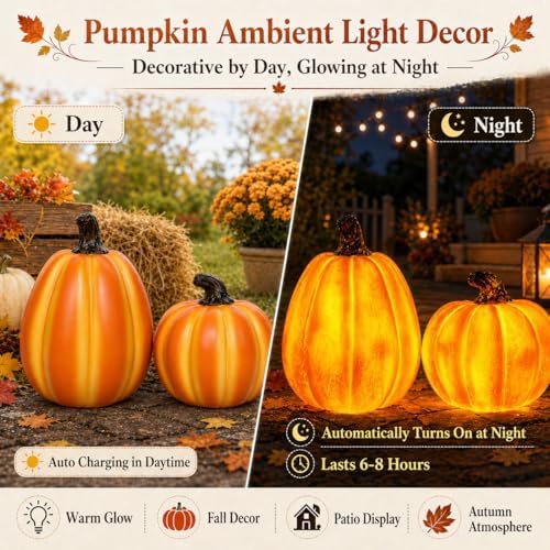 Solar Lighted Pumpkin Decor Outdoor Fall Porch Decorations for Halloween Thanksgiving Outdoor Pumpkin Lights LED Glowing Resin Pumpkins Set of 2 for Porch Patio Yard Garden Tabletop - Image 3